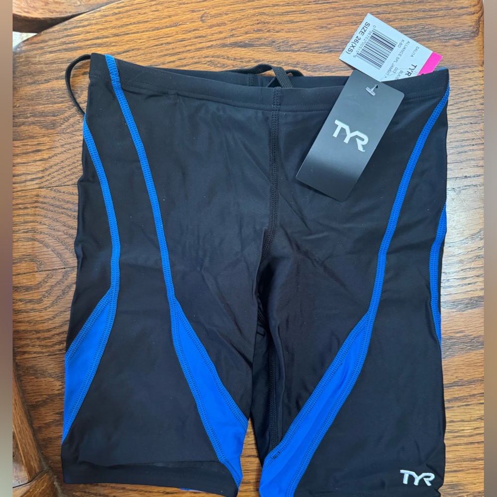 TYR boys 26 xs Black and Blue Swim Alliance Jammer Swim/race Shorts